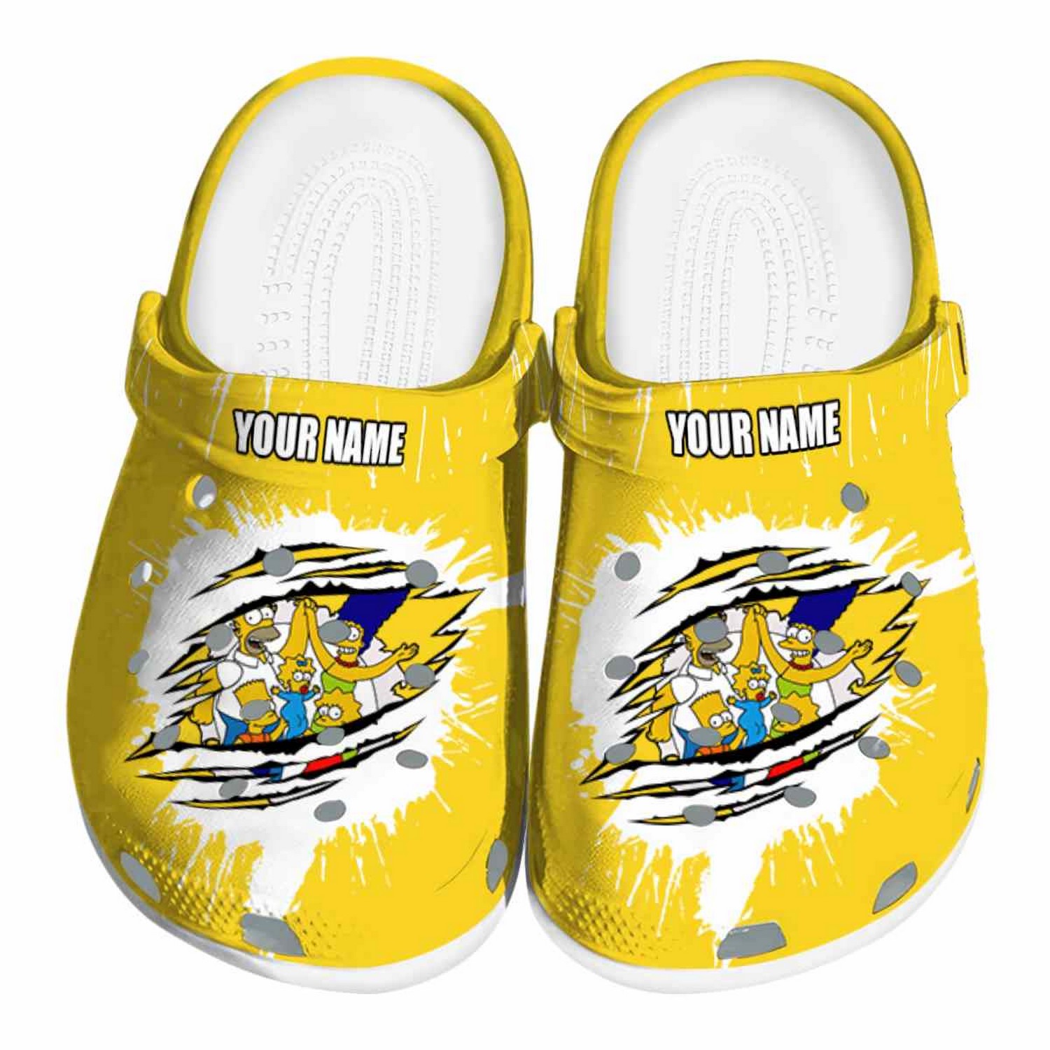 Custom Name Simpsons Splash Motif Background, Custom Name Simpsons Crocs Clogs For Men Women and Kids