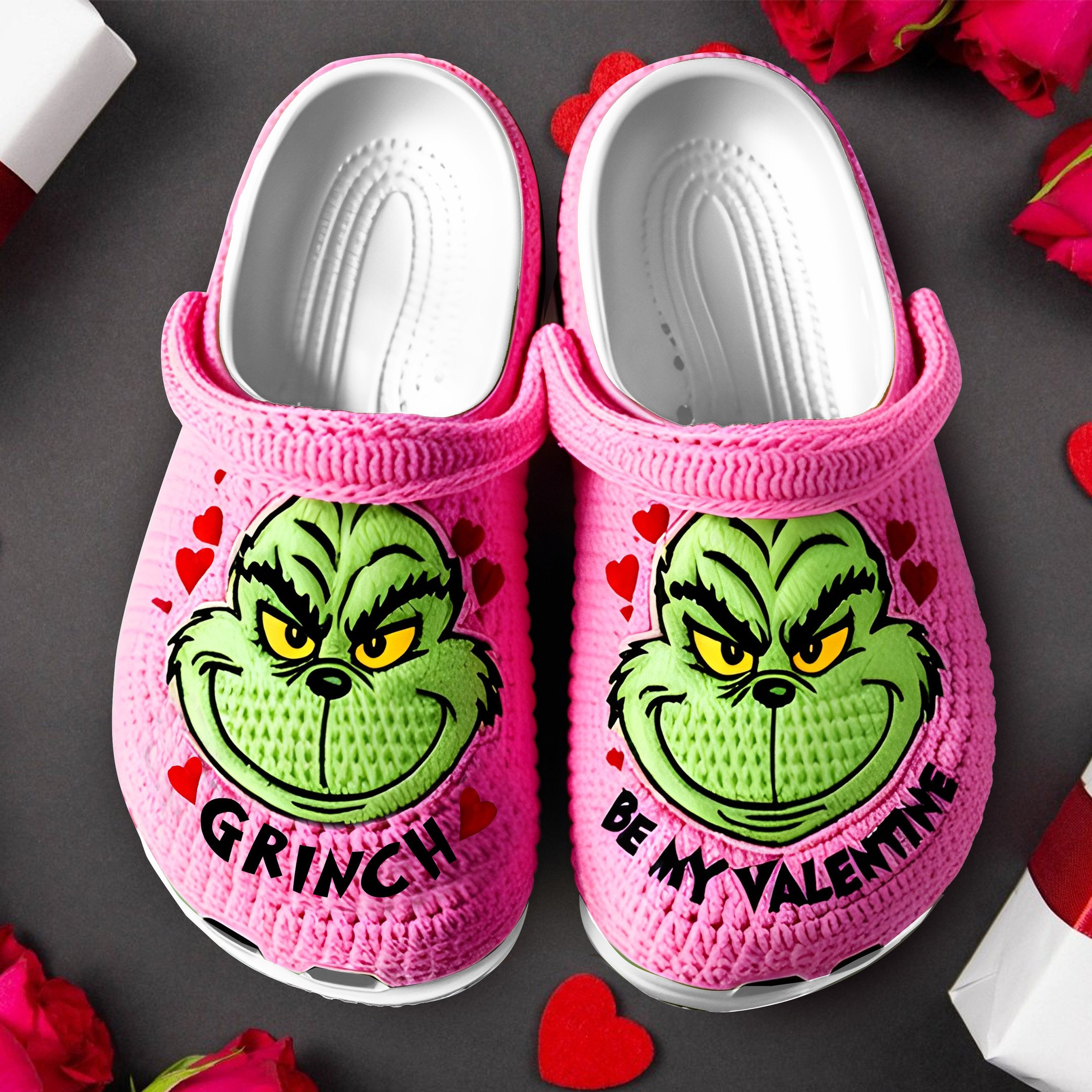 3D Printed Knitting Pattern Pink Slippers Grinch Be My Valentines Day Crocs Clogs For Men Women and Kids