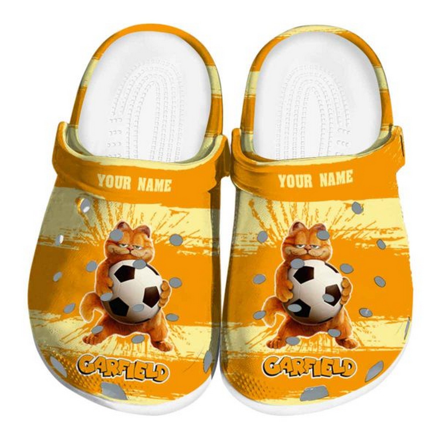 Custom Name Garfield Paint Splatter Graphics, Custom Name Garfield Crocs Clogs For Men Women and Kids
