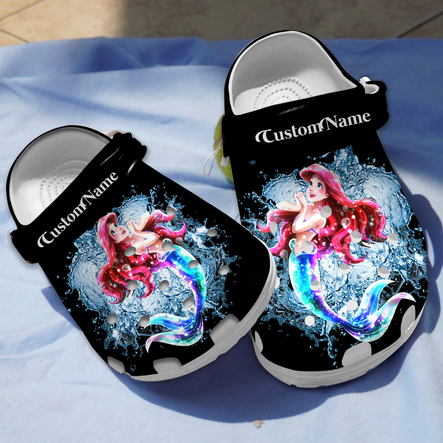 Black Slippers Beautiful Little Mermaid Cartoon, Customized Black Crocs Clogs For Men Women and Kids