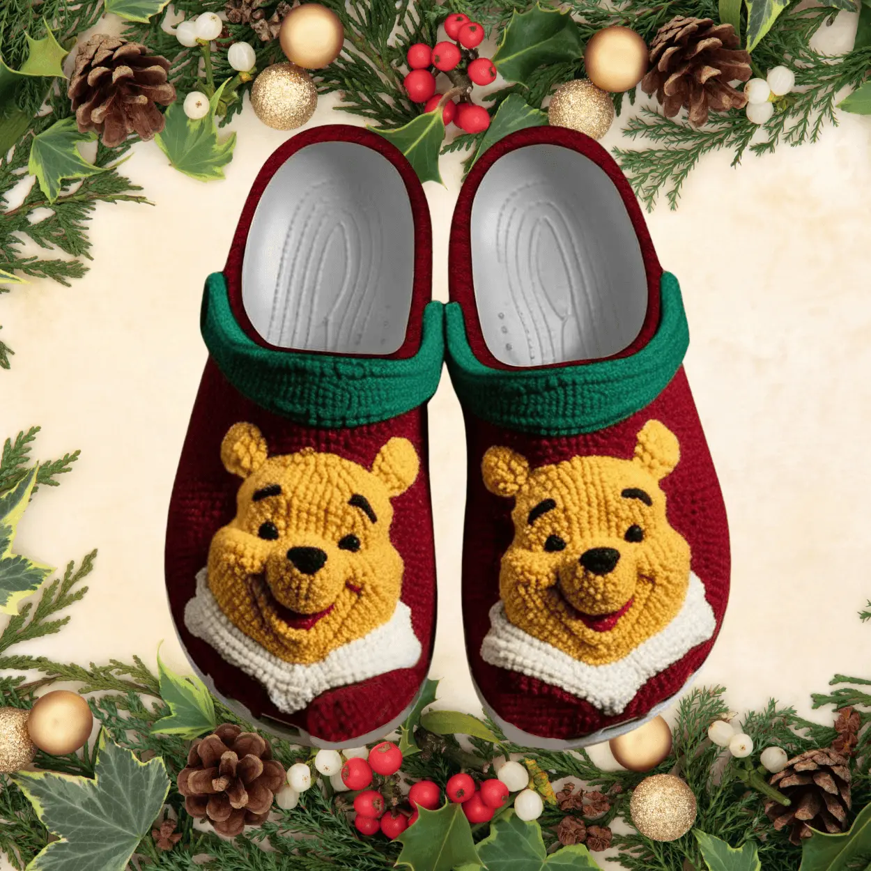 Fuzzy 3D Printed Winnie The Pooh Christmas Red s Crocs Clogs For Men Women and Kids