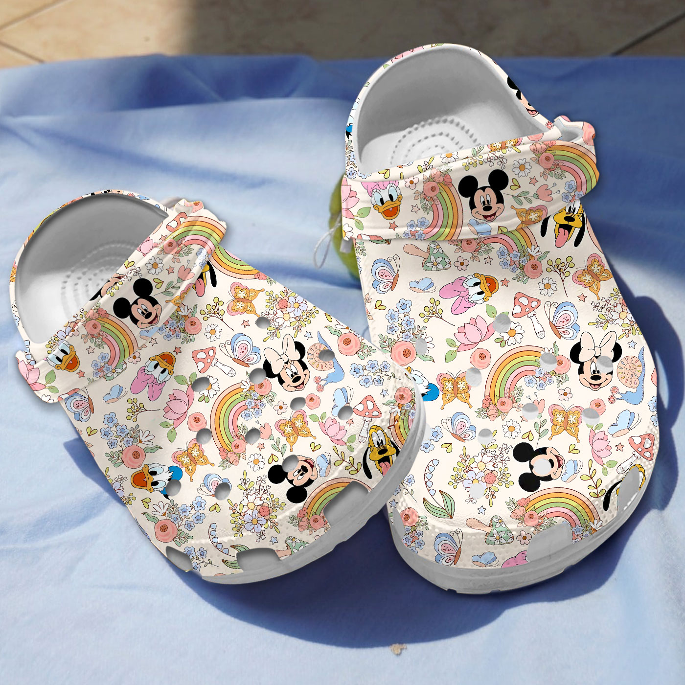 Colorful Beige Slippers Mickey Mouse Gang And Flowers Cartoon Crocs Clogs For Men Women and Kids