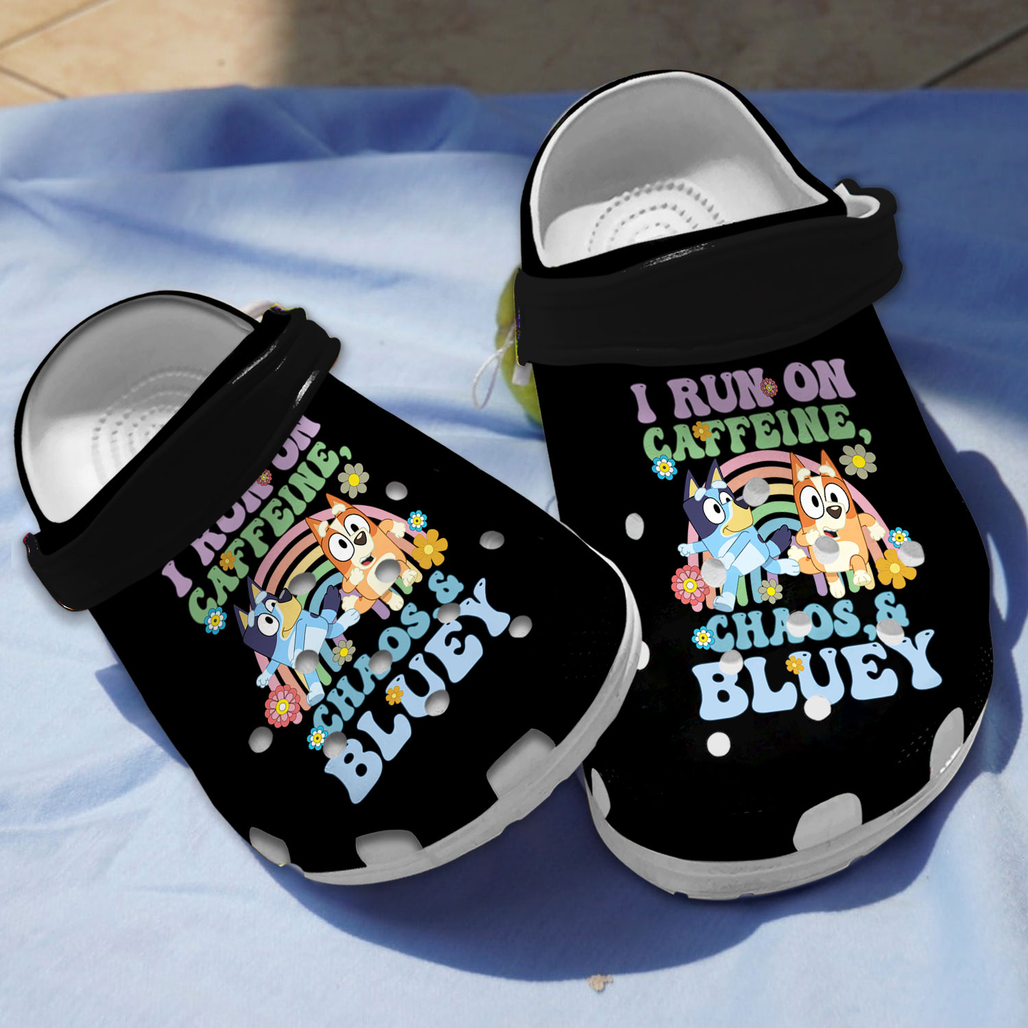 Non-slip I Run On Caffeine Chaos And Bluey Black Crocs Clogs For Men Women and Kids