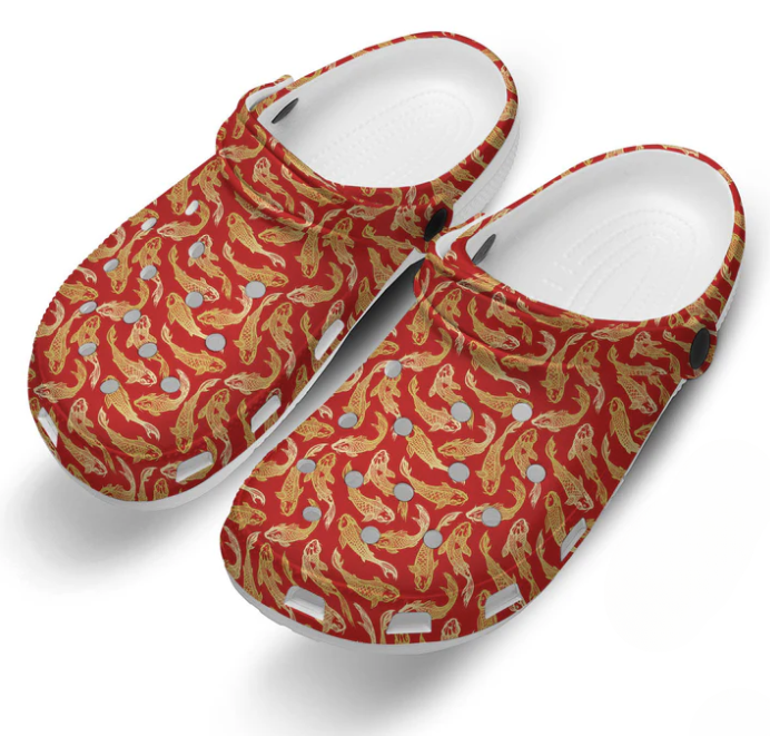 Vibrant Red Slippers Golden Koi Fish Crocs Clogs For Men Women and Kids