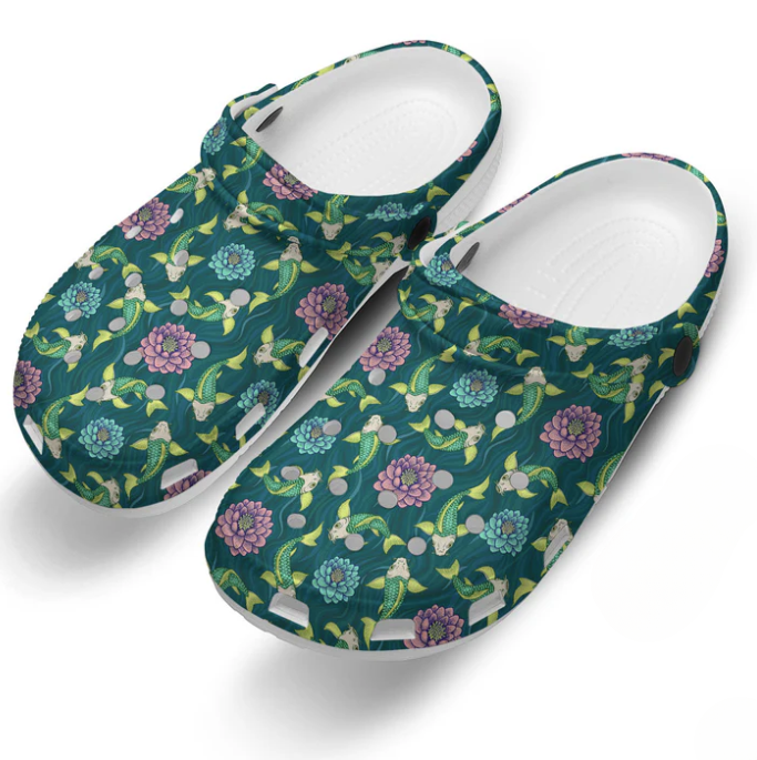 Elegant Green Slippers Koi Fish Crocs Clogs For Men Women and Kids