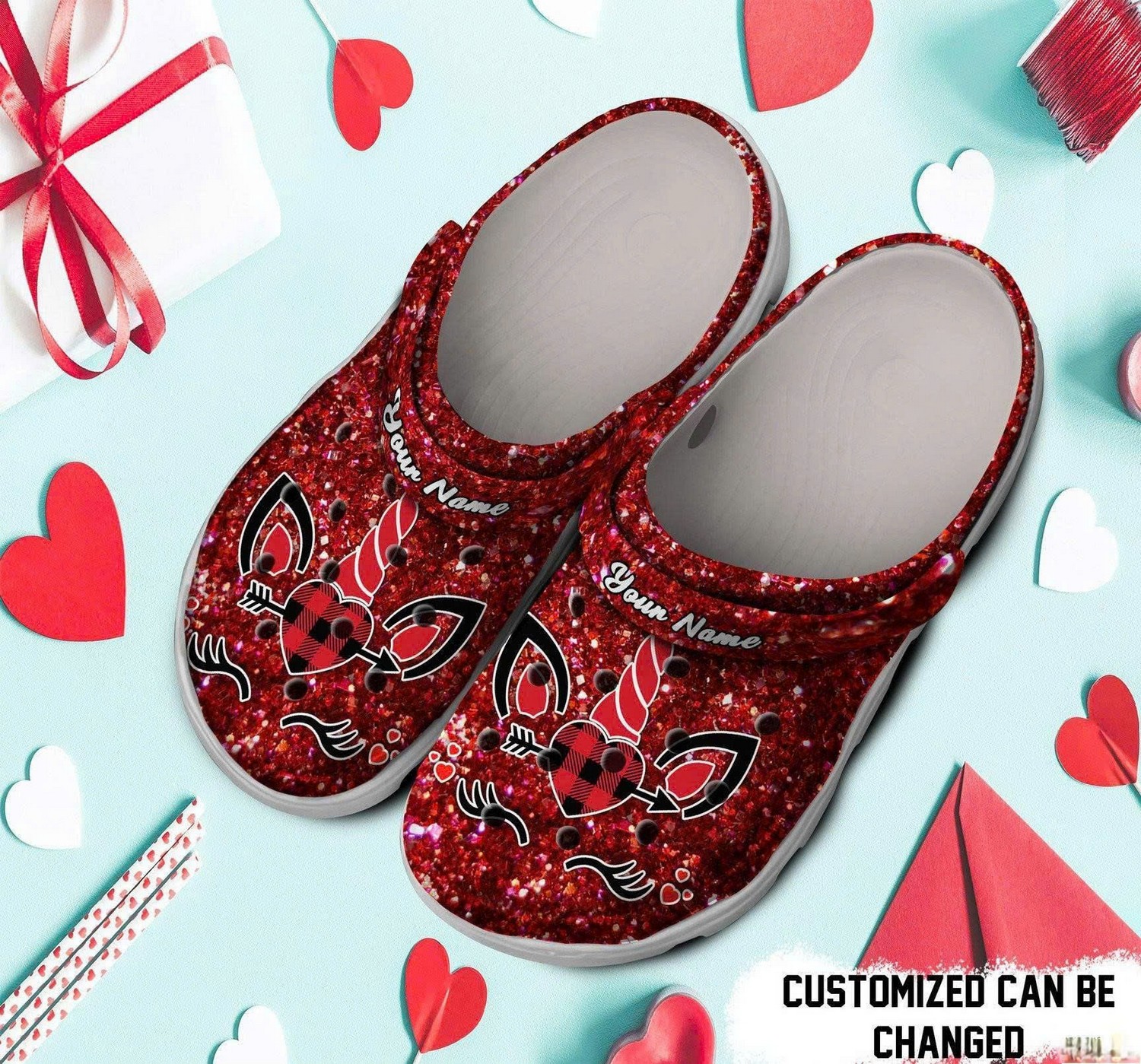Custom Name Unicorn Heart Valentine Glitter Crocs Clogs For Men Women and Kids