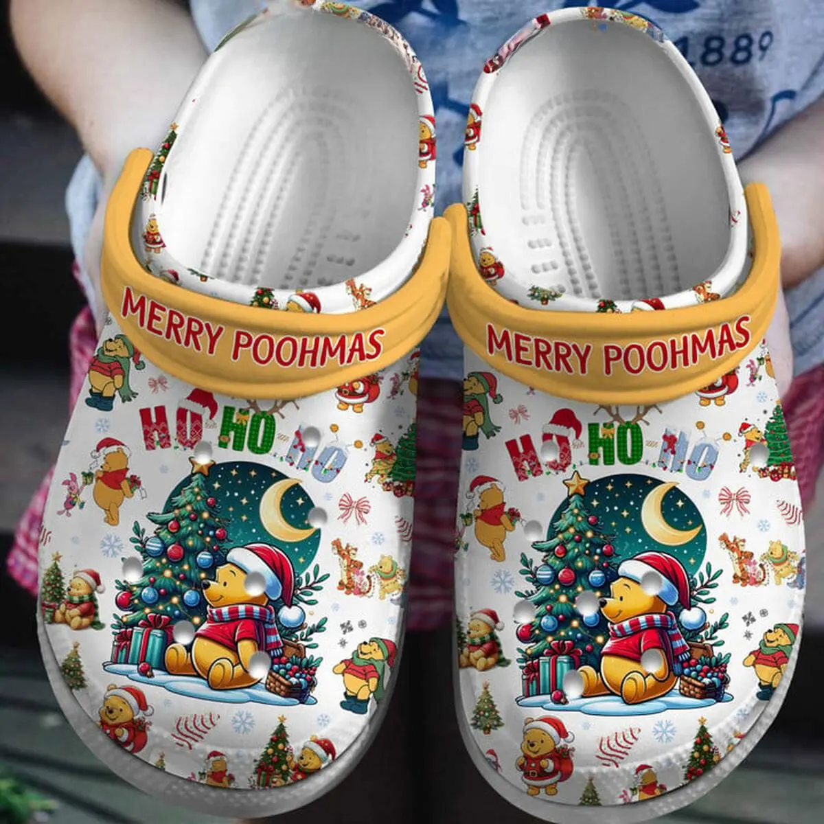 Colorful Merry Poohmas Winnie the Pooh Christmas Crocs Clogs For Men Women and Kids