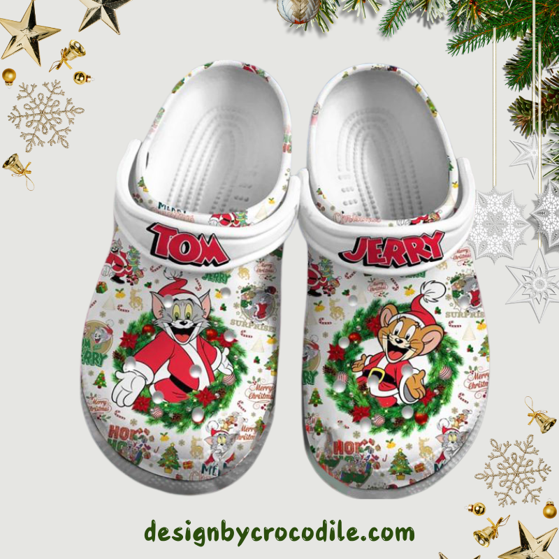 Cute Tom And Jerry Merry Christmas White, Cute Tom And Crocs Clogs For Men Women and Kids