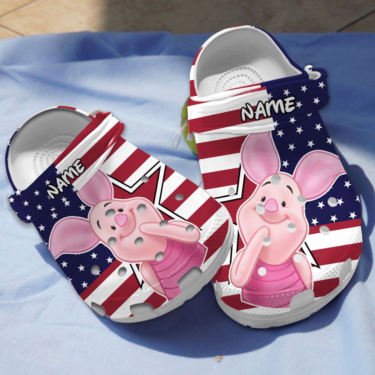 Custom Name Winnie The Pooh Piglet USA Pattern, Custom Name Winnie Crocs Clogs For Men Women and Kids