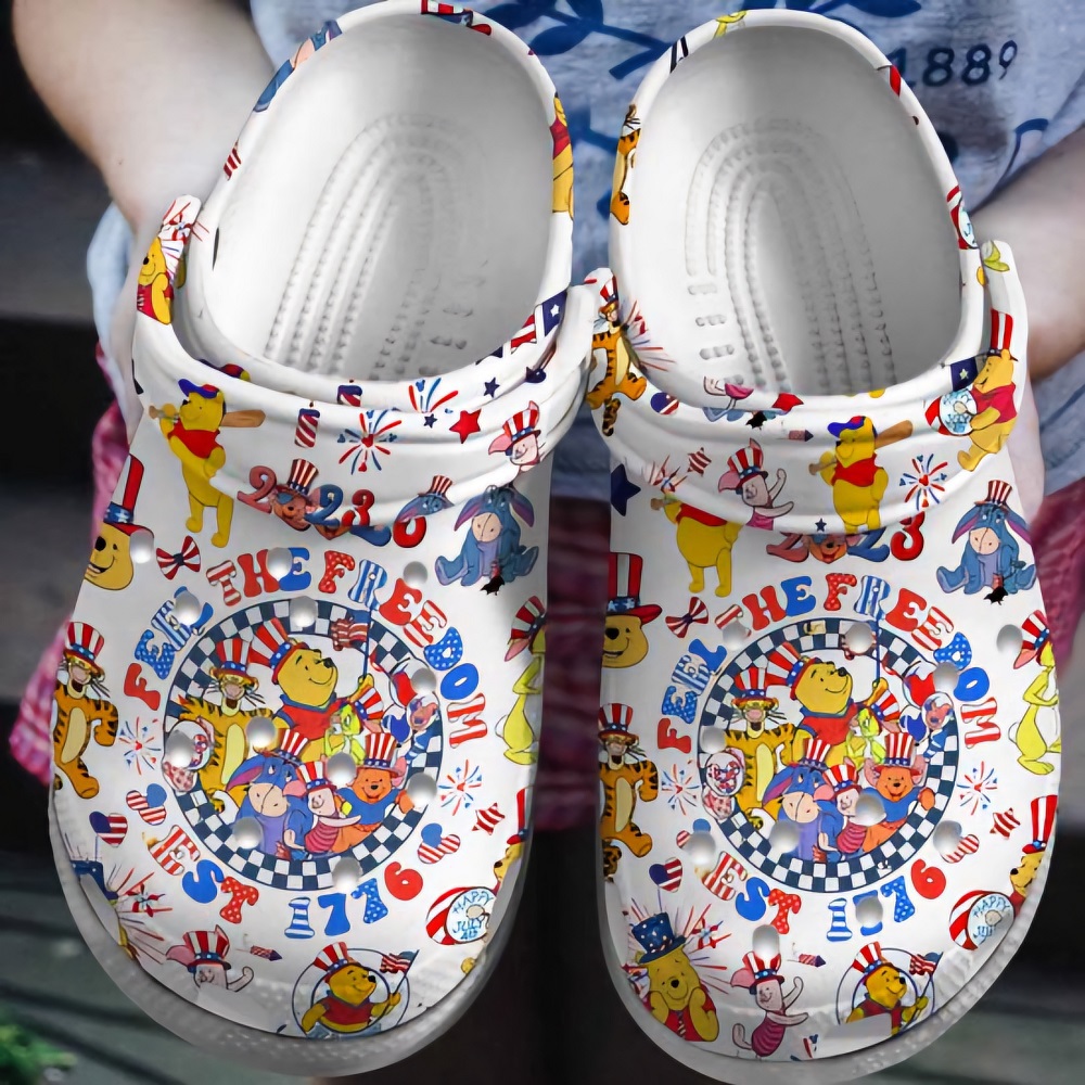 Winnie The Pooh Feel The Freedom 4th Of July White, Winnie The Pooh Crocs Clogs For Men Women and Kids