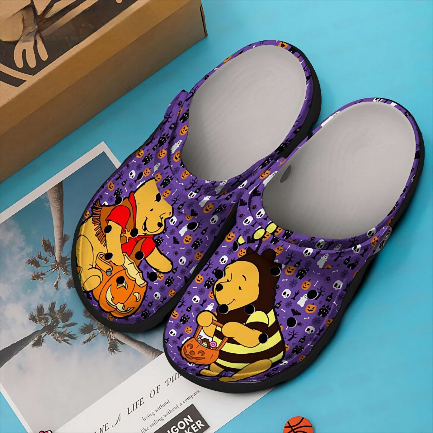 Winnie The Pooh And Halloween Pumkin Purple Crocs Clogs For Men Women and Kids