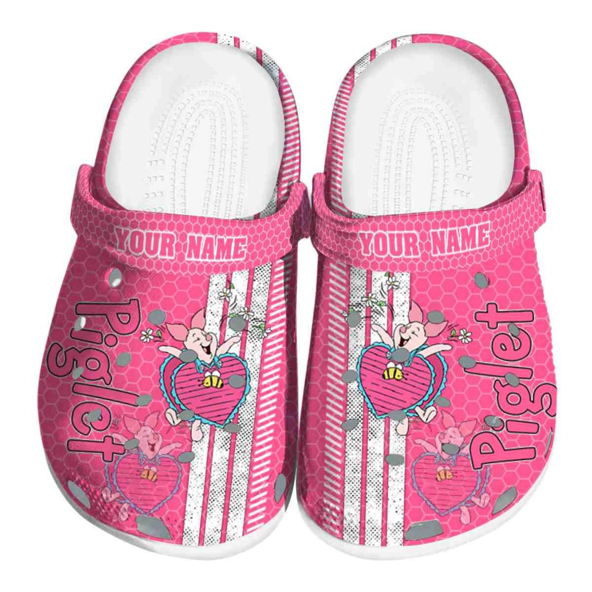 Custom Name Winnie The Pooh Piglet Contrasting Stripes Pink Crocs Clogs For Men Women and Kids