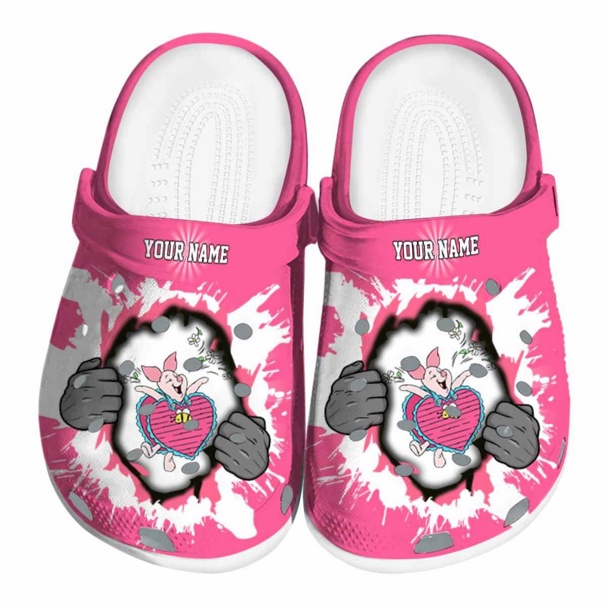 Custom Name Winnie The Pooh Piglet Gripping Hand Pink Crocs Clogs For Men Women and Kids