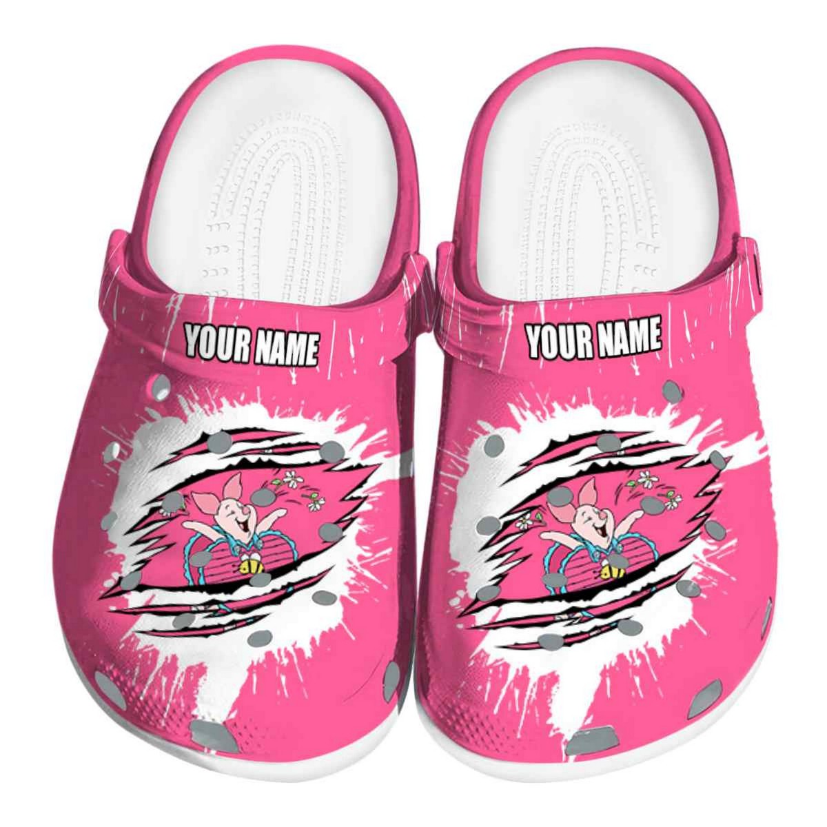 Custom Name Winnie The Pooh Piglet Splash Motif Back Ground Crocs Clogs For Men Women and Kids