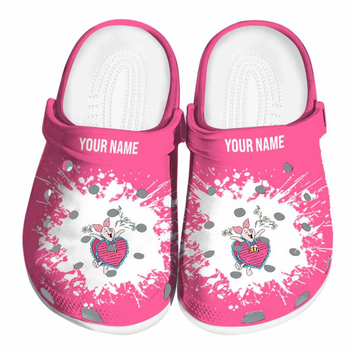 Custom Name Winnie The Pooh Piglet Splatter Back Ground Crocs Clogs For Men Women and Kids
