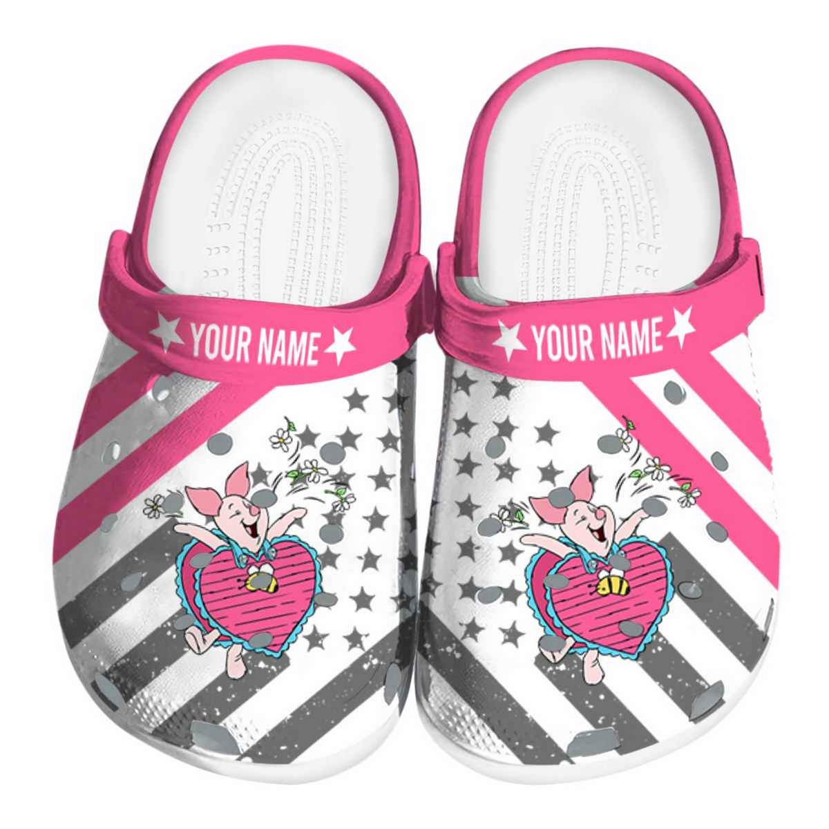 Custom Name Winnie The Pooh Piglet Star Spangled Graphic Crocs Clogs For Men Women and Kids