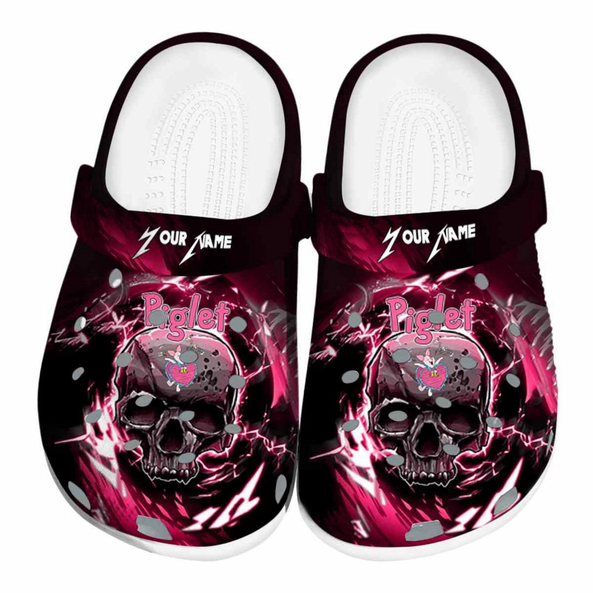 Custom Name Winnie The Pooh Piglet Gothic Skull, Custom Name Winnie Crocs Clogs For Men Women and Kids