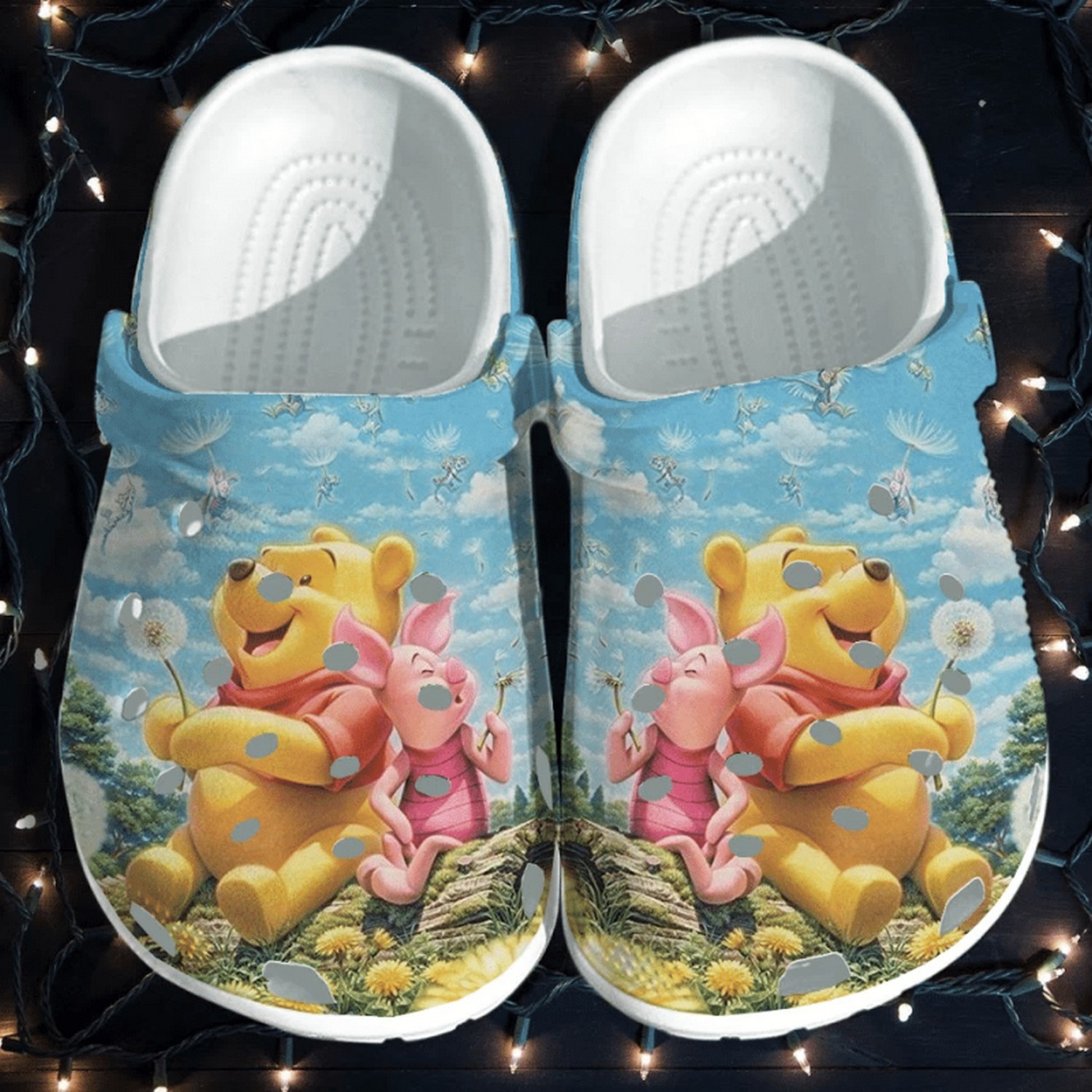 Winnie The Pooh And Piglet With Dandelion 3D Blue Sky Crocs Clogs For Men Women and Kids