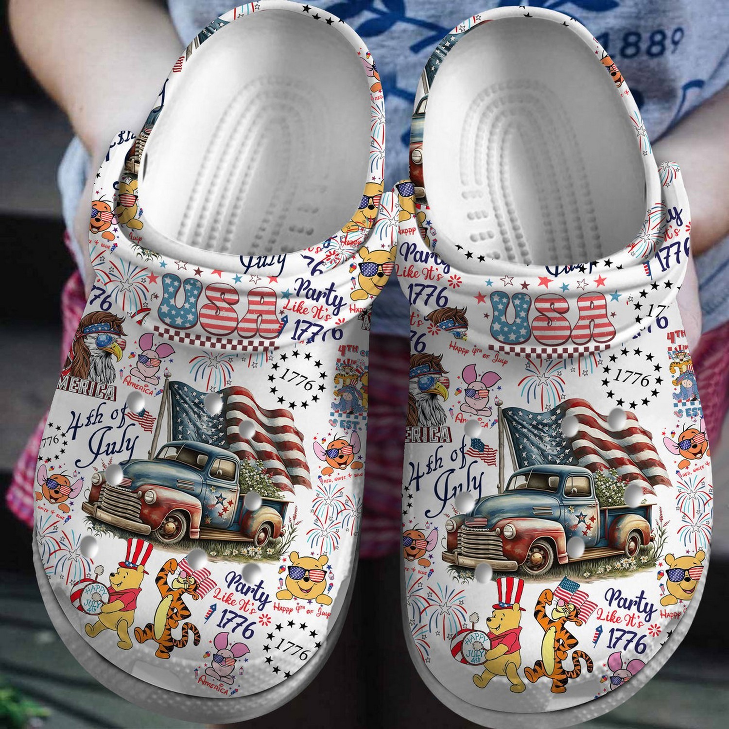 Winnie The Pooh And Frieds On USA Independence Day White Crocs Clogs For Men Women and Kids