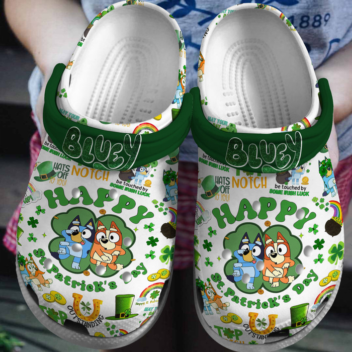 Happy St. Patrick Day With Bluey Family Crocs Clogs For Men Women and Kids