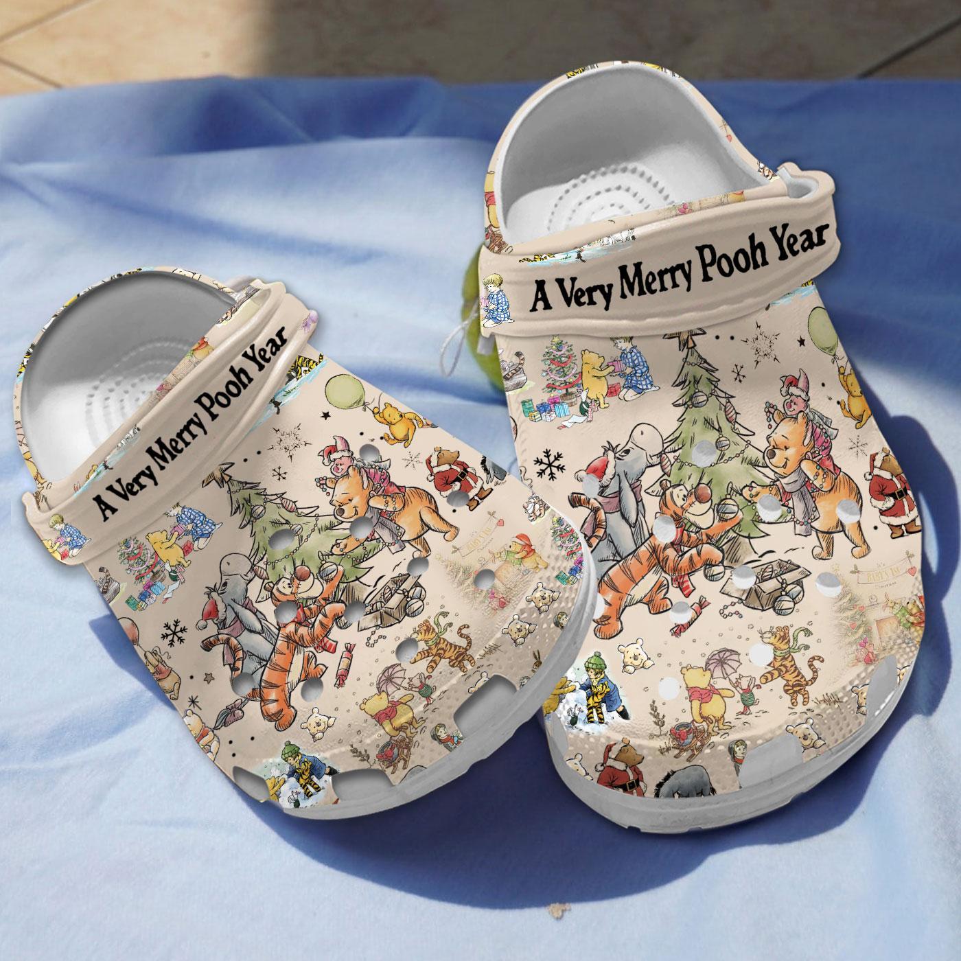 A Very Merry Pooh Year Christmas Beige, A Very Merry Crocs Clogs For Men Women and Kids