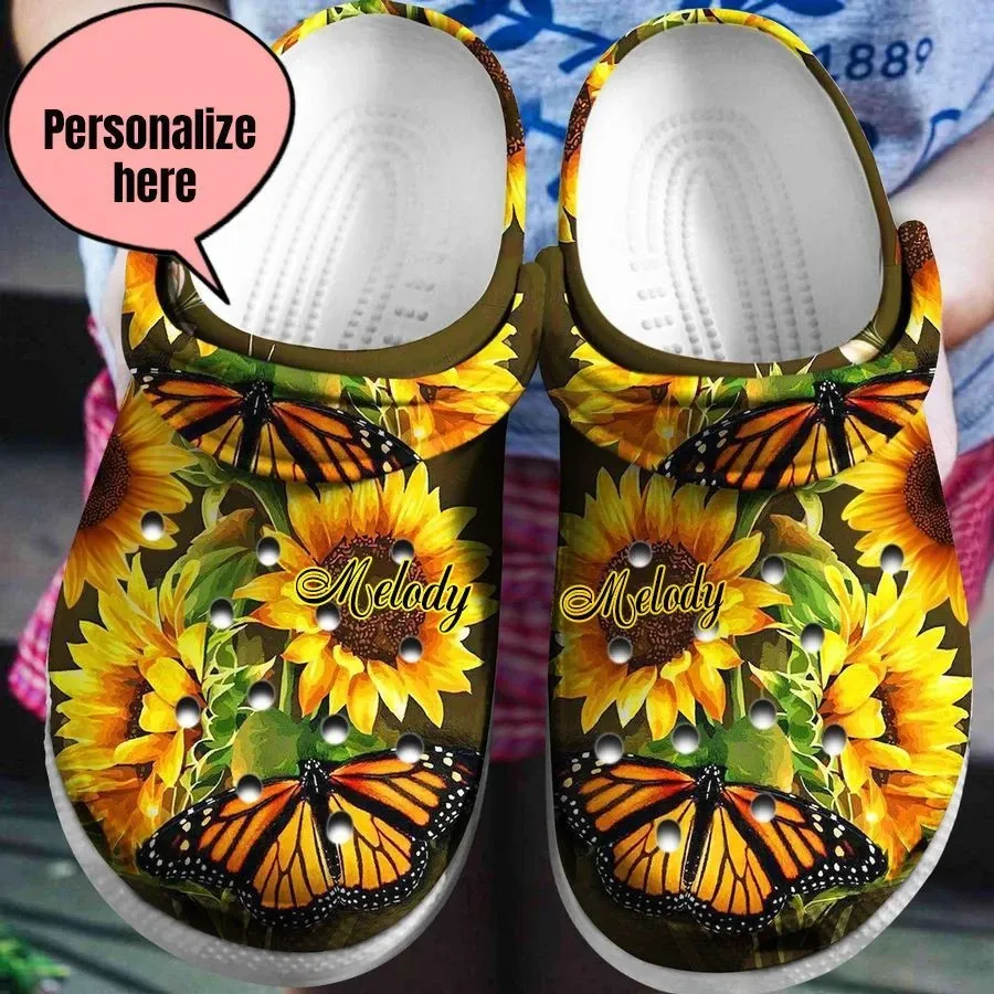 Butterfly Personalized Crocs Sunflower Butterflies Classic, Butterfly Sunflower Crocs For Men Women And Kids