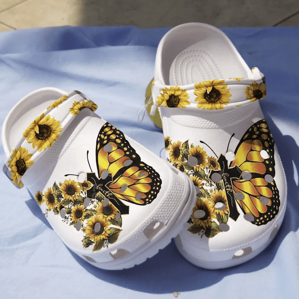 Faith Cross Butterfly Sunflower Crocs Classic Crocs Style, Faith Cross Butterfly Crocs For Men Women And Kids