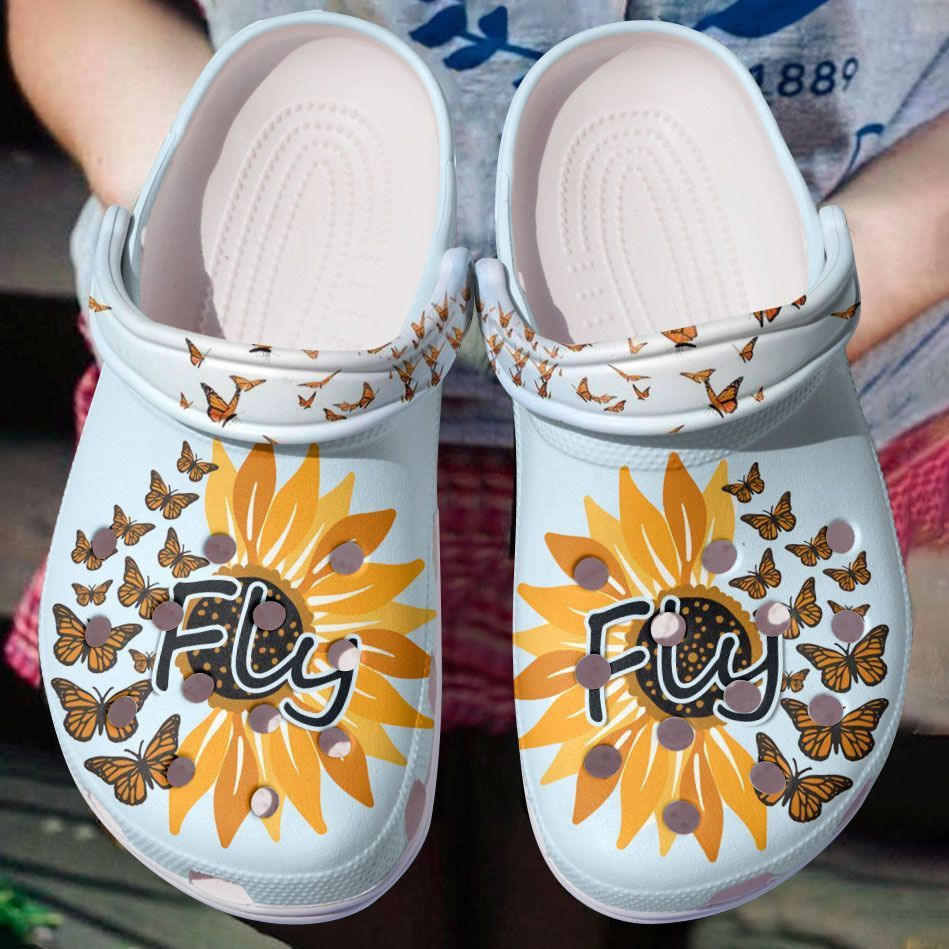 Butterfly Crocs Light Blue Sunflower With Butterflies Classic, Butterfly Light Crocs For Men Women And Kids