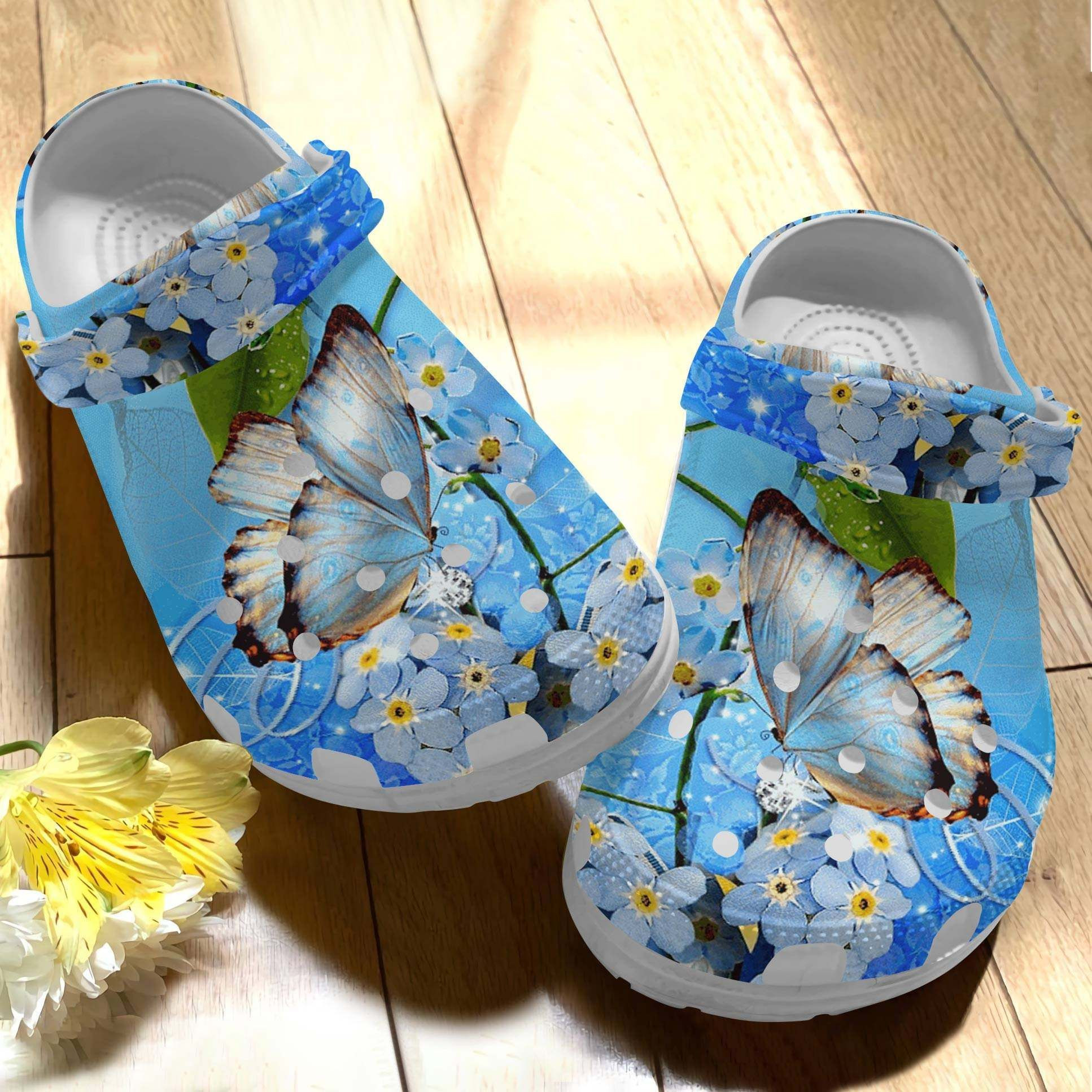 Butterfly Crocs Blue Flowers Classic, Butterfly Blue Crocs Crocs Comfortable For Men Women And Kids