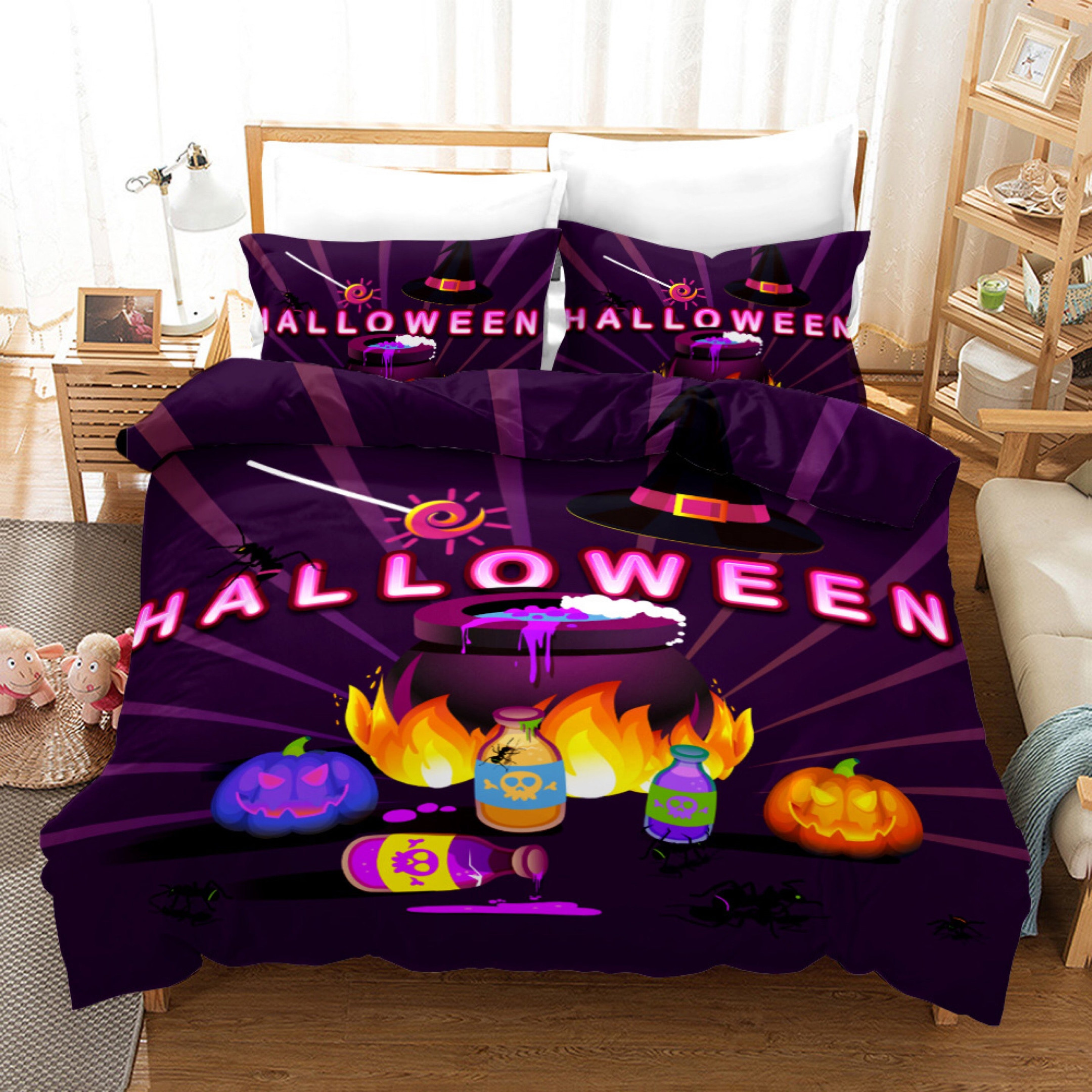 Halloween Pumpkin Quilt Cover Pillowcase Bedding Set Home Bedroom Decor