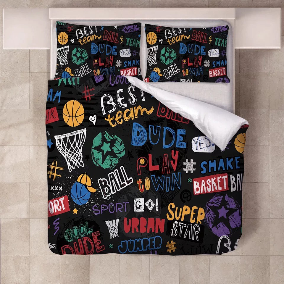 NBA Graffiti Quilt Cover Pillowcase Bedding Set Home Bedroom Decor
