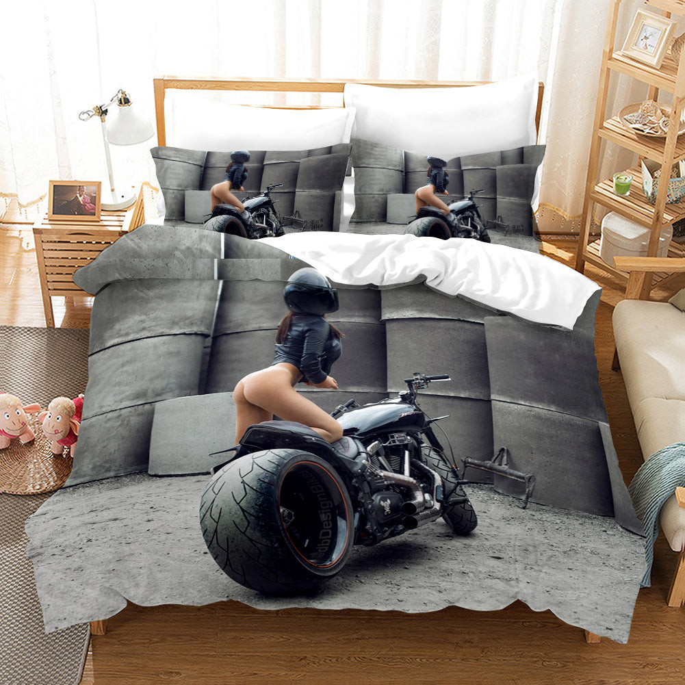 The Motorcycle Girl Quilt Cover Pillowcase Bedding Set Home Bedroom Decor
