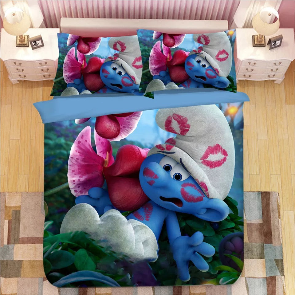 The Smurfs Clumsy Smurf Smurfette Quilt Cover Pillowcase Bedding Set Home Bedroom Decor
