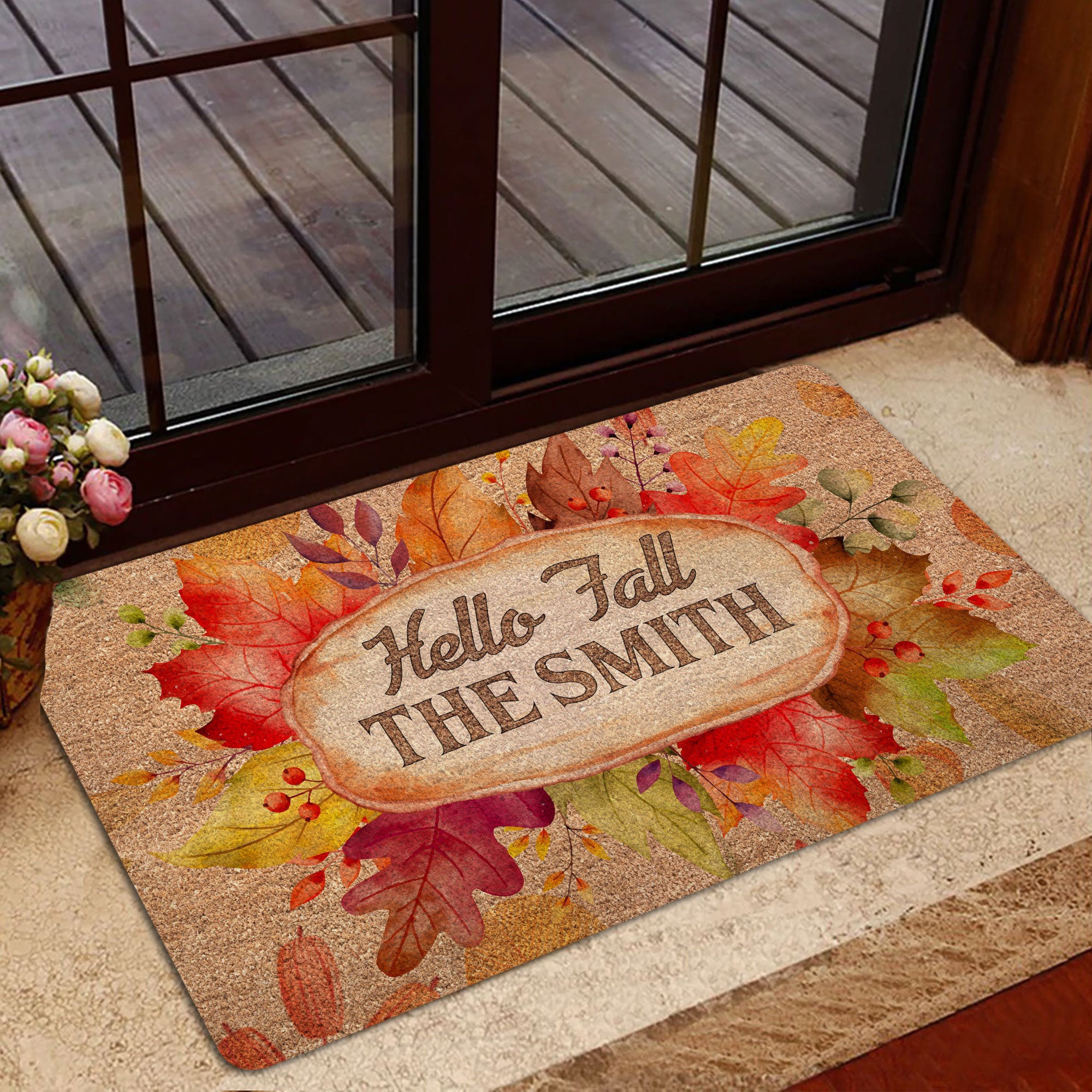 Hello Fall Doormat, Fall Leaves Door Mat, Autumn Welcome Mat, Custom Family Name Entrance Mat, Fall Decor, Autumn Gift