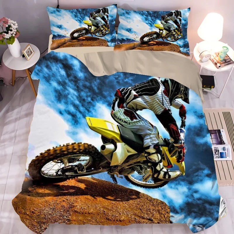 Motocross Mountain Bike Quilt Cover Pillowcase Bedding Set Home Bedroom Decor