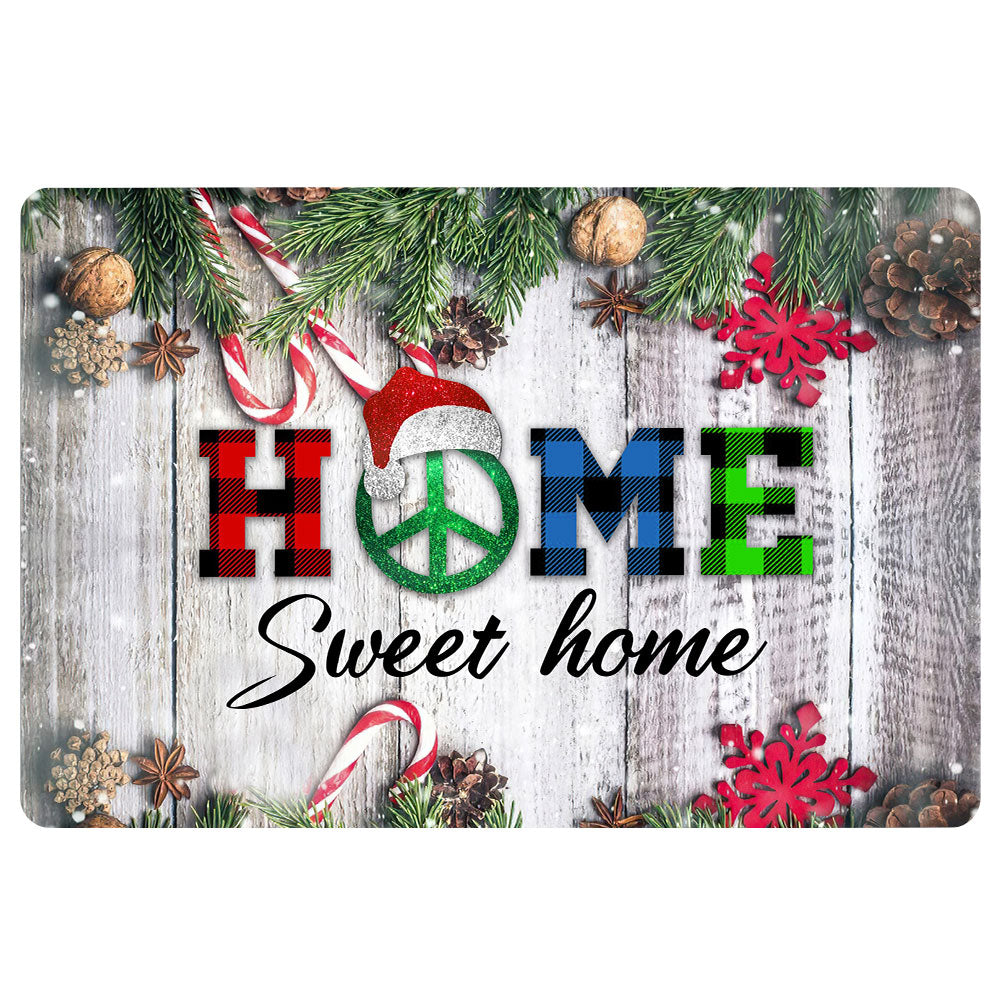Hippie Rubber Doormat, Home Sweet Home Hippie Peace Sign Christmas Xmas Noel Welcome Doormat, Indoor Outdoor Door Mat, Home Decor