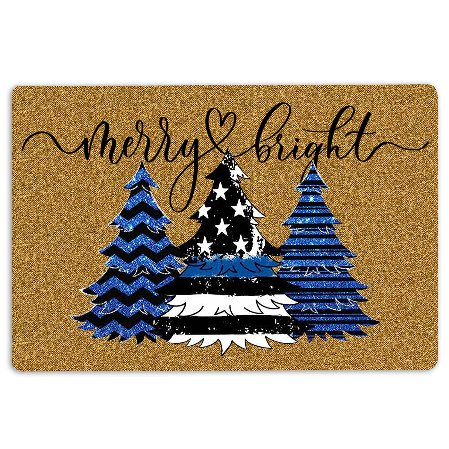 Police Rubber Doormat, Merry And Bright Police Officer Christmas Tree Thin Blue Line Welcome Doormat, Indoor Outdoor Door Mat, Home Decor