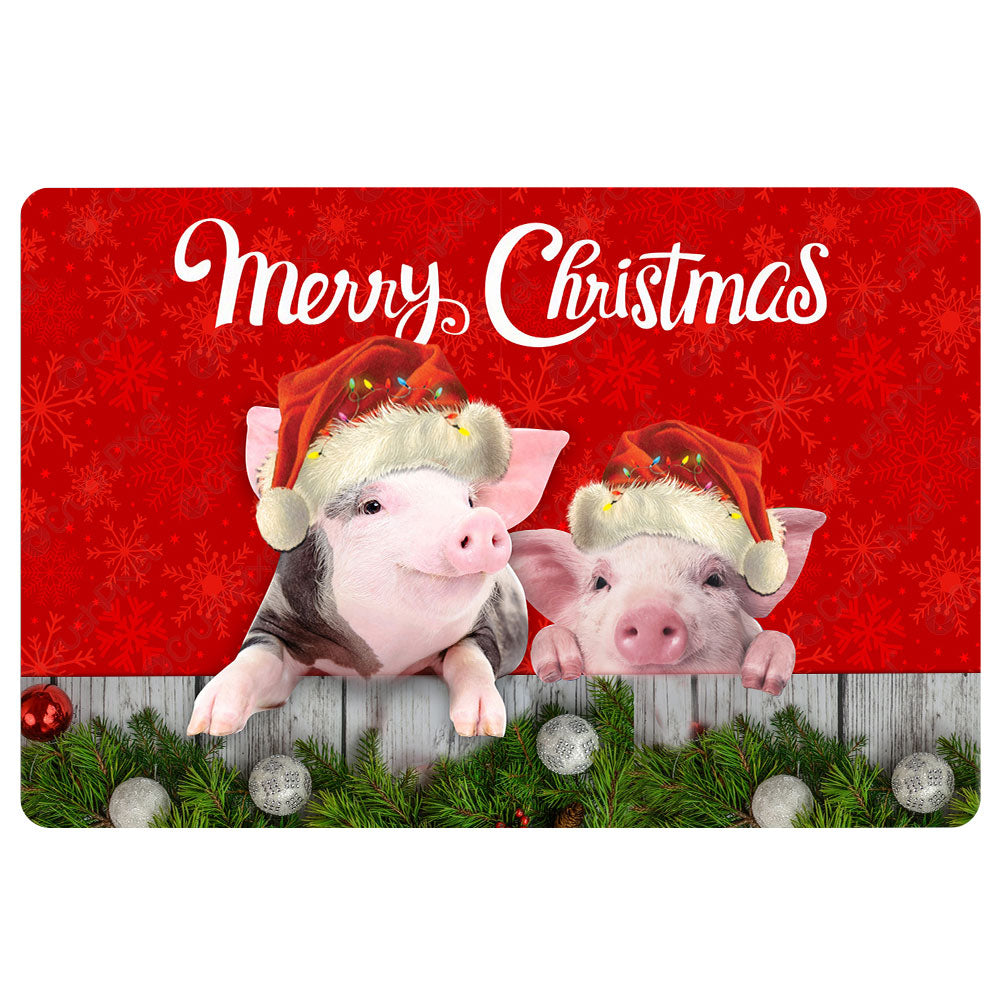 Pig Rubber Doormat, Merry Christmas Pig Farm Animal Farmhouse Farmer Xmas Noel Idea Welcome Doormat, Indoor Outdoor Door Mat, Home Decor