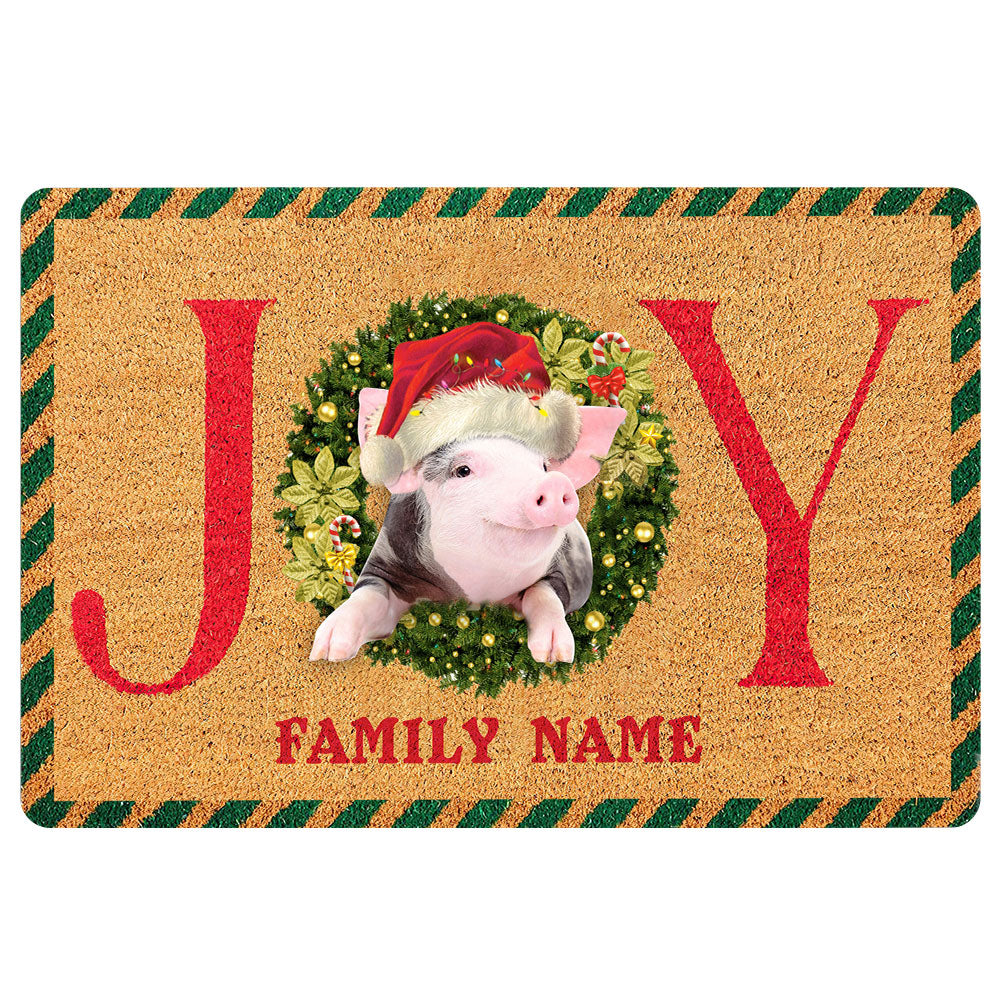 Pig Rubber Doormat, Pig Farm Animal Joy Christmas Xmas Noel Welcome Doormat, Custom Name Indoor Outdoor Door Mat, Home Decor