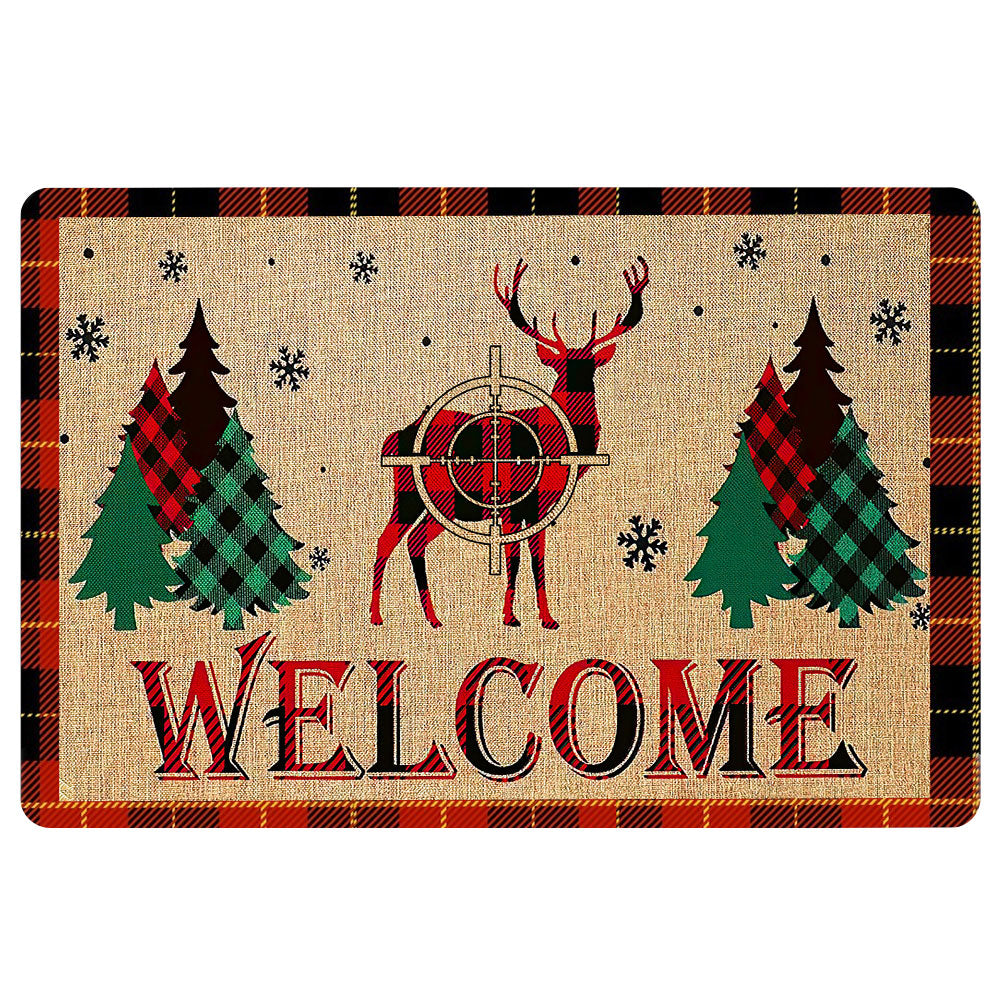 Hunting Rubber Doormat, Deer Hunting Buck Hunter Welcome Red Plaid Christmas Xmas Noel Welcome Doormat, Indoor Outdoor Door Mat, Home Decor