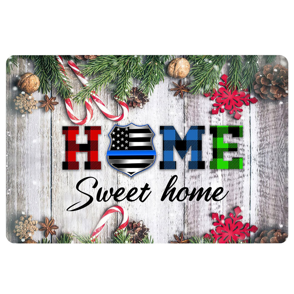 Police Rubber Doormat, Home Sweet Home Police Thin Blue Line Christmas Xmas Noel Welcome Doormat, Indoor Outdoor Door Mat, Home Decor