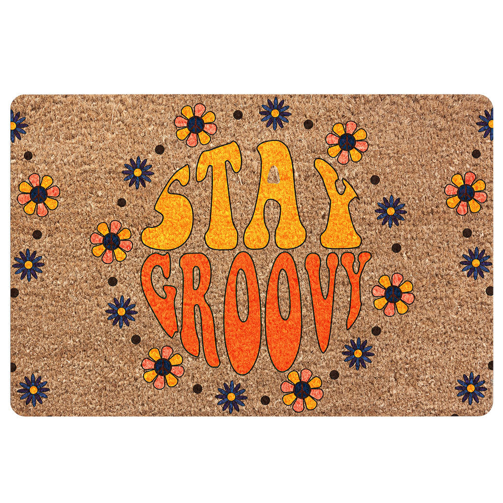 Hippie Rubber Doormat, Hippie Hippy Flower Stay Groovy Vintage Welcome Doormat, Indoor Outdoor Door Mat, Home Decor