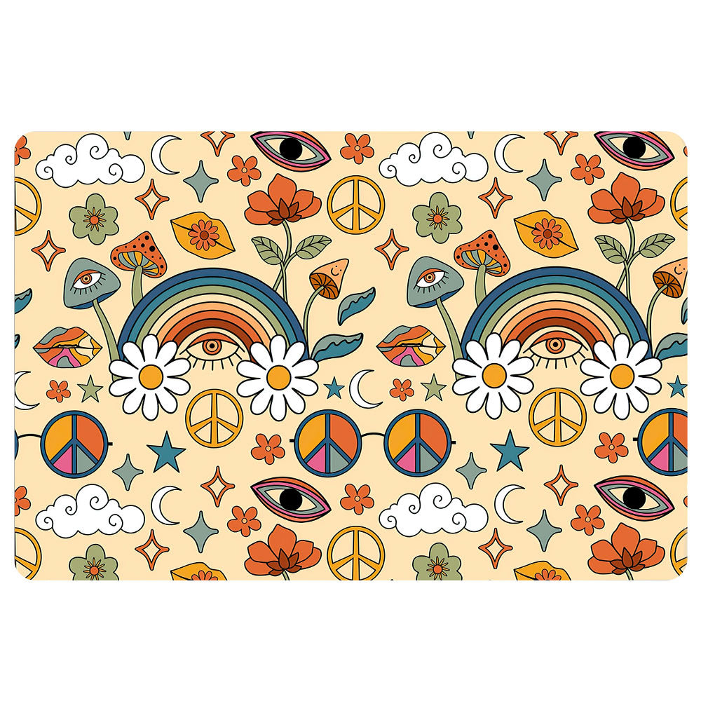Hippie Rubber Doormat, Hippie Hippy Symbol Boho Flower Peace Sign Rainbow Welcome Doormat, Indoor Outdoor Door Mat, Home Decor
