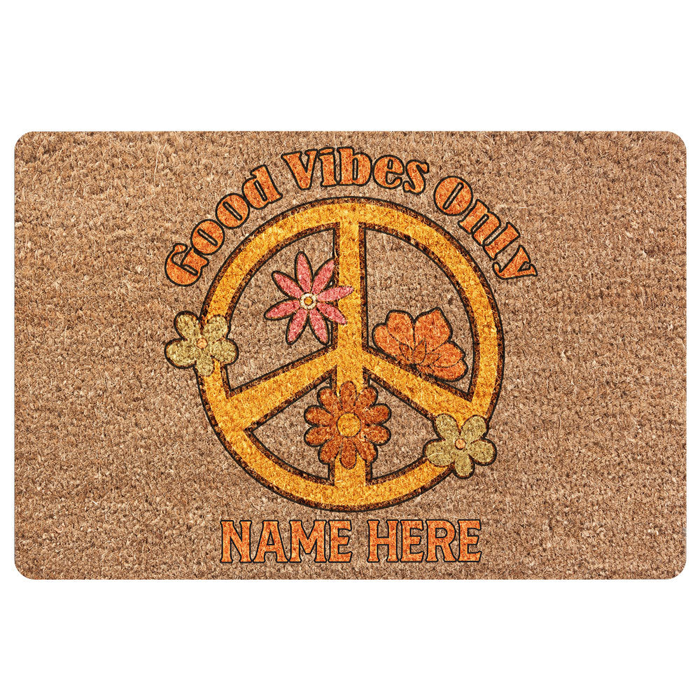 Hippie Rubber Doormat, Hippie Hippy Peace Sign Good Vibe Only Welcome Doormat, Custom Name Indoor Outdoor Door Mat, Home Decor
