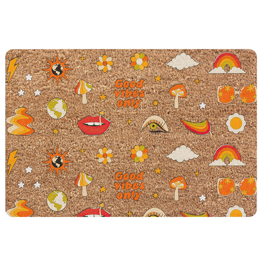 Hippie Rubber Doormat, Vintage Hippie Hippy Good Vibes Only Brown Unique Idea Welcome Doormat, Indoor Outdoor Door Mat, Home Decor