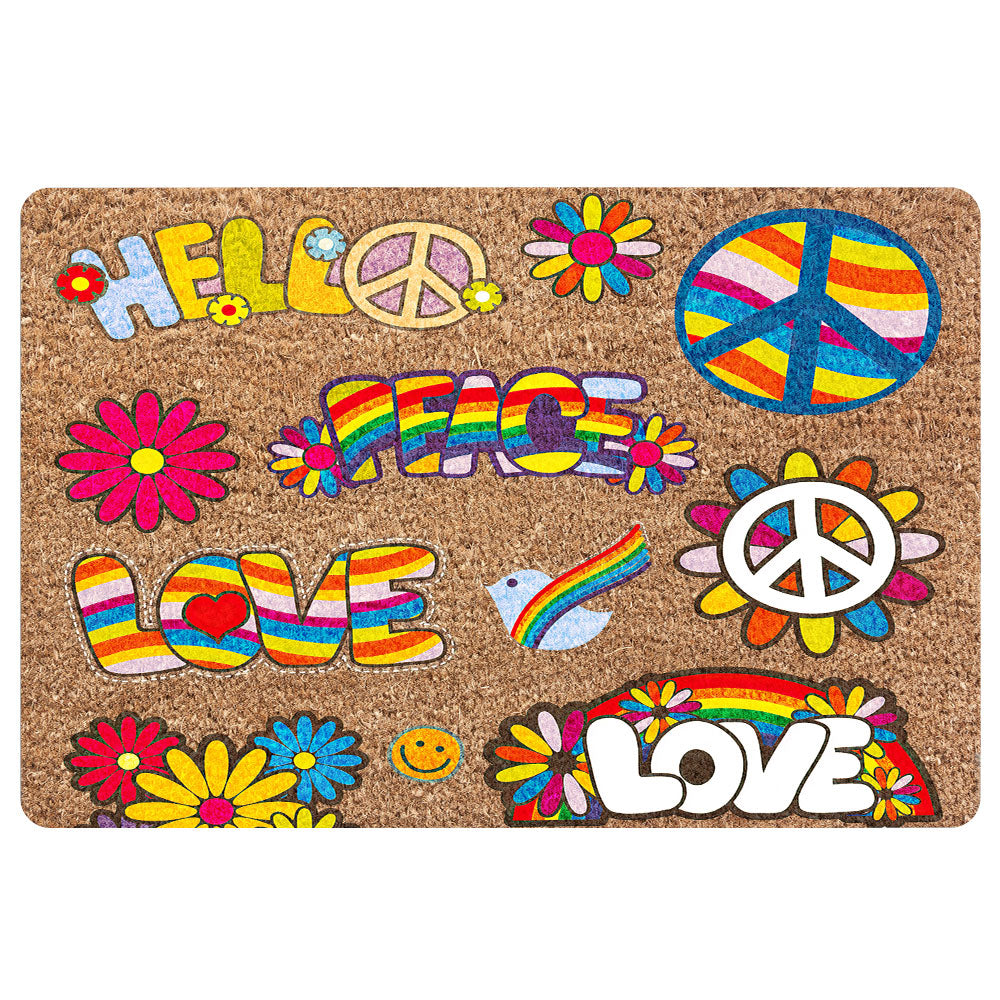 Hippie Rubber Doormat, Hippie Hippy Peace Sign Hello Love Vintage Tie Dye Welcome Doormat, Indoor Outdoor Door Mat, Home Decor