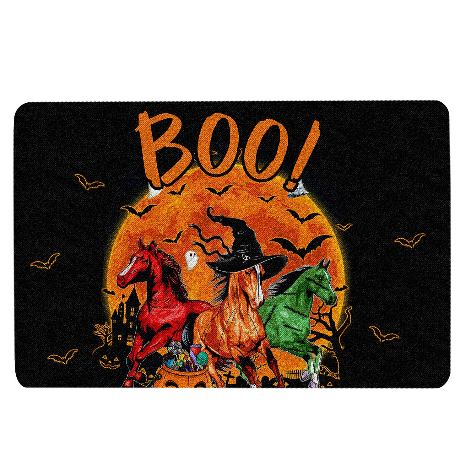 Horse Rubber Doormat, Horse Boo Trick Or Treat Happy Halloween Pumpkin Moon Gift Welcome Doormat, Indoor Outdoor Door Mat, Home Decor