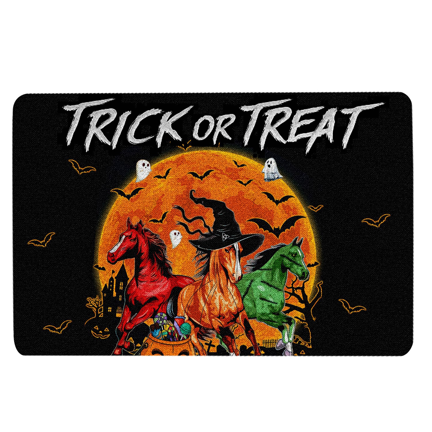 Horse Rubber Doormat, Horse Trick Or Treat Boo Happy Halloween Pumpkin Moon Gift Welcome Doormat, Indoor Outdoor Door Mat, Home Decor