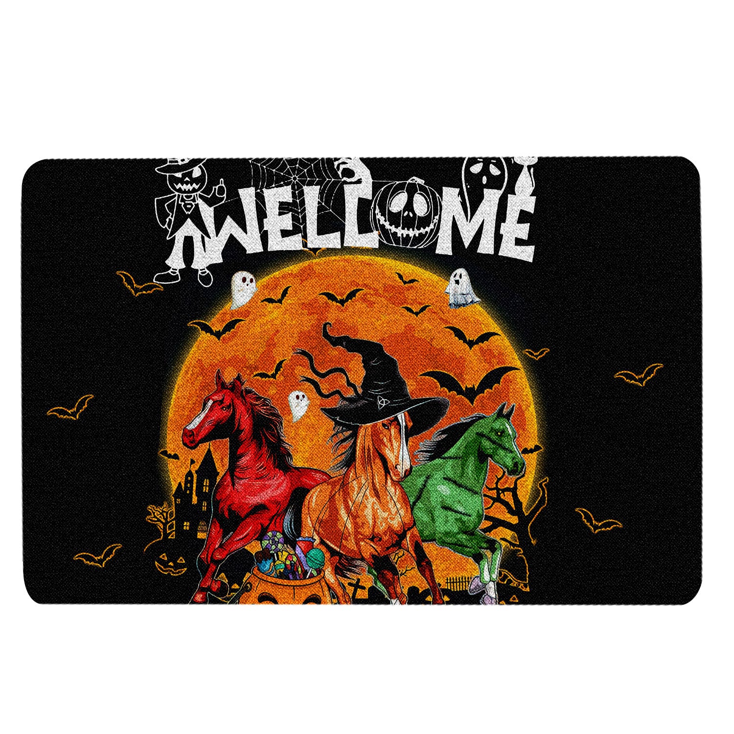 Horse Rubber Doormat, Horse Trick Or Treat Boo Pumpkin Moon Happy Halloween Gift Welcome Doormat, Indoor Outdoor Door Mat, Home Decor