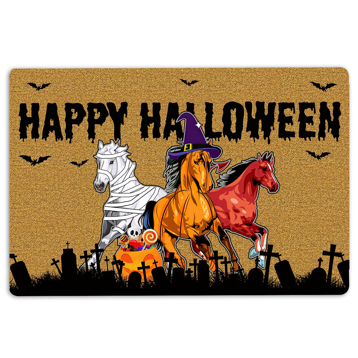 Horse Rubber Doormat, Happy Halloween Horse Happy Halloween Horses Lover Welcome Doormat, Indoor Outdoor Door Mat, Home Decor